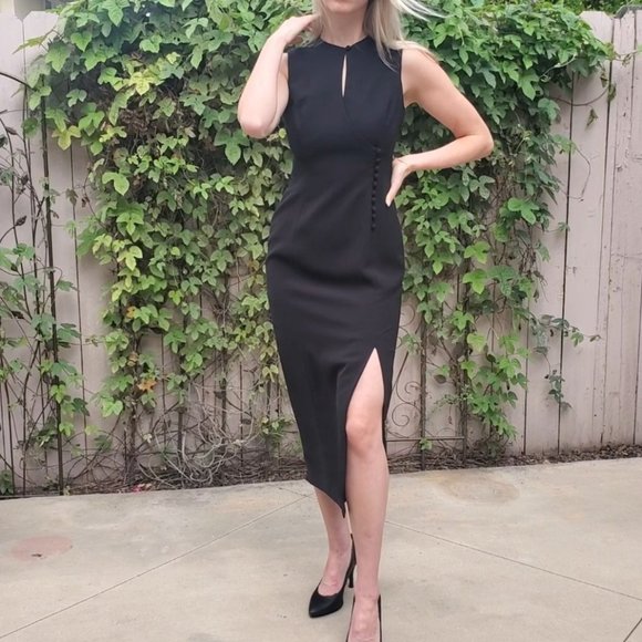 Tahari Classics Black Lined Keyhole Neck Sleeveless Front Slit Midi Dress Size 2 - Picture 1 of 15